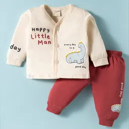 CUCUMBER Single Jersey Knit Full Sleeves Night Suit With Text & Animal Print - Cream & Red-picture-11