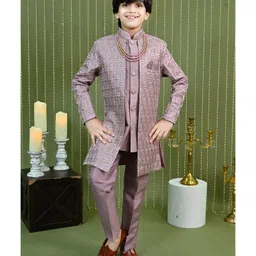 Ahhaaaa Jacquard Woven Full Sleeves Floral Embroidered & Sequins Embellished Sherwani Pant Set - Pink-picture-28