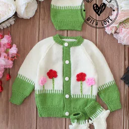 Woonie Hand Knit Full Sleeves Floral Designed Sweater Set with Cap and Booties - Green-image-25