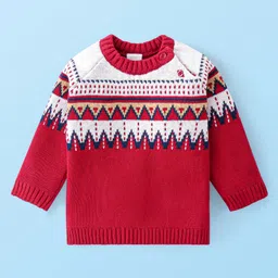 Babyhug Knit Raglan Full Sleeves Sweater Set with Cap Aztec Design - Red image 2