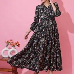 Honky Tonky Floral Printed Gathered or Pleated Tiered A-Line Midi Dress image 5