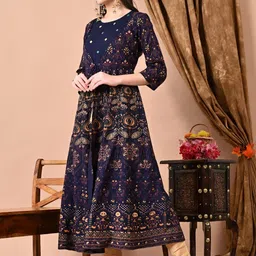 HERE&NOW Women Blue Viscose Rayon Anarkali Kurtas image 2