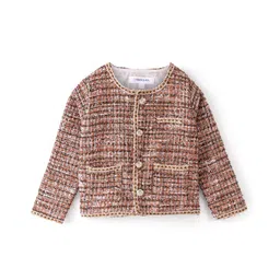 Mark & Mia Woven Full Sleeves Jacket with Pearl Embellishments & Dress with Lace Detailing - Dark Peach & Orange image 5