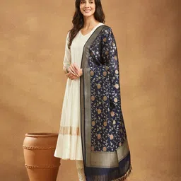 Fabindia Floral Woven Design Tasselled Border Dupatta-image-91