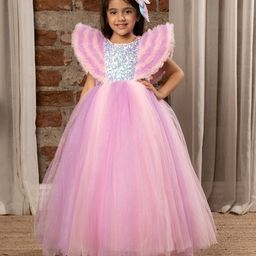 Ministitch Half Sleeves Ruffle Detailed & Sequin Embellished Fit & Flare Ball Gown - Baby Pink-picture-20