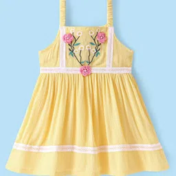 Babyhug Rayon Sleeveless Frock with Floral Embroidery and Lace Detailing - Yellow-picture-25
