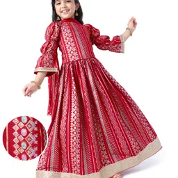 EARTHY TOUCH Single Jersey Knit Full Sleeves Chevron & Floral Printed Choli Lehenga Set with Dupatta - Red-picture-18