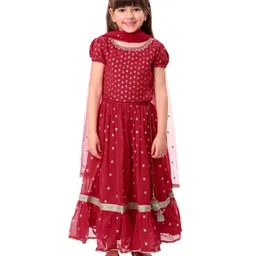 Babyhug Woven Georgette Half Sleeves Foil Printed Choli Lehenga Set with Dupatta - Red-picture-18