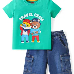 Babyhug Single Jersey Knit Half Sleeves T-Shirt & Denim Shorts Set With Animal Print - Sea Green-image-96