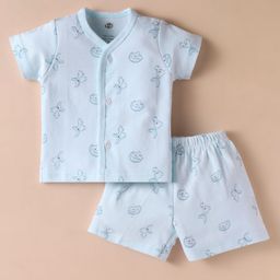 Zero Sinker Knit Half Sleeves Shorts Co-Ord Night Suit With Teddy Bear Print - Light Blue-picture-42