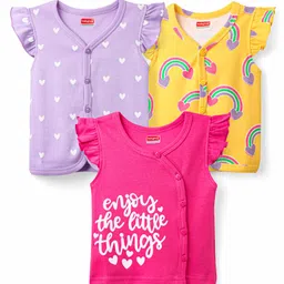 Babyhug 100% Cotton Knit Frill Sleeves Rainbow & Heart Printed Front Open Vests Pack of 3 - Dark Pink Yellow & Lavender-image-31