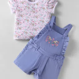 ToffyHouse 100% Cotton Woven Bunny Embroidery & Floral Printed Dungaree with Half Sleeves Top - Multicolor-picture-24