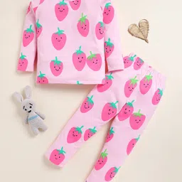 Little Marine Cotton Knit Full Sleeves Strawberry Printed Coordinating Night Suit Set - Pink-picture-14