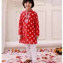 KID1 Cotton Woven Full Sleeves Floral Printed & Threadwork Embroidered Kurta Pyjama Set - Red-picture-13
