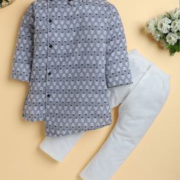 Polka Tots Cotton Woven Full Sleeves Floral Motifs Printed Kurta Pyjama Set - Grey-picture-42
