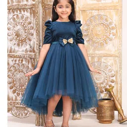 Toy Balloon Kids Net Woven Half Puffed Sleeves Velvet Sequin Bow Applique Detailed Dress - Teal Blue-image-50