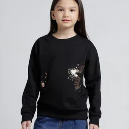 Under Fourteen Only Full Sleeves Star Designed Sequins Embellished Light Winter Sweatshirt - Black-picture-11