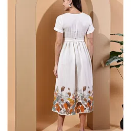 Moms Maternity Cotton Woven Half Sleeves Leaves Printed Maternity Dress With Concealed Front Zipper Nursing Access - Off White image 3