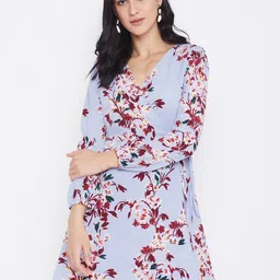 Berrylush Women Blue Printed Wrap Dress-image-6