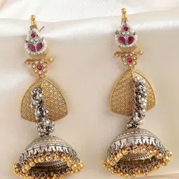 KARATCART Silver and Gold-Plated Dome Shaped Stones Shaped Jhumkas Earrings-picture-29