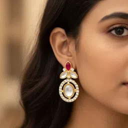 aadita Gold-Plated Kundan Studded Oval Shaped Drop Earrings-picture-39