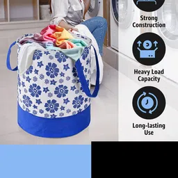 Kuber Industries Blue & White 3 Pieces Floral Printed Foldable Laundry Bags 45 L Each image 3
