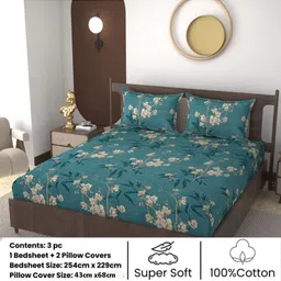 REALDREAM Green & Brown Floral Printed Cotton 300TC Fitted King Bedsheet Set 1.98 x 1.82 m image 5