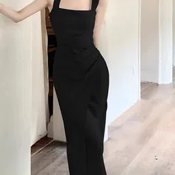 KPOP Women Square Neck Gathered Sheath Midi Dress-image-58