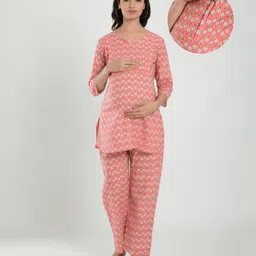 CRAFIQA Cotton Three Fourth Sleeves Floral Motif Printed With Concealed ZipperNursing Access Night Suit - Peach-picture-11