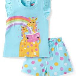 Babyhug Cotton Knit Frill Sleeves Shorts Night Suit with Giraffe & Polka Dots Print - Light Blue-picture-27