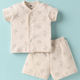 Zero Sinker Knit Half Sleeves Shorts Co-Ord Night Suit With Teddy Bear Print - Cream-picture-14