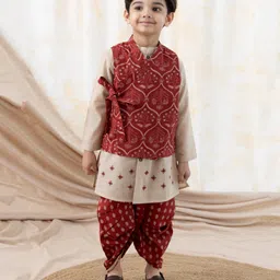 Tiber Taber 100% Cotton Full Sleeves Floral Printed Dhoti Kurta With Jacket Set - Maroon-picture-18