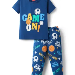 Babyhug Cotton Knit Half Sleeves Night Suit With Text & Football Print - Navy Blue-image-93