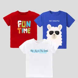 KAVEE Pure Cotton Pack Of 3 Half Sleeves Sky Is The Limit Text & Baby Llama Printed Tees - Red Blue & White-picture-25