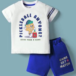 Zero Sinker Knit Half Sleeves T-Shirt & Shorts Set With Pickleball Print - White & Navy Blue-picture-15