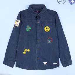 Kiddopanti Denim Woven Full Sleeves Dinosour And Emojis Printed Shirt With Pocket - Blue-picture-21
