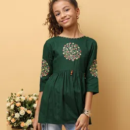 ISHTI Woven Three Fourth Sleeves Floral Embroidered & Beads Embellished Top - Bottle Green-picture-22