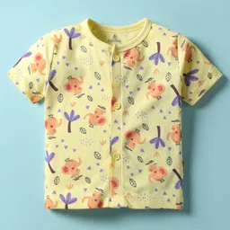 Child World Interlock Knit Front Open Half Sleeves Co-ords Night Suit With Animal Print - Yellow image 2