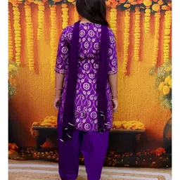 BownBee Chanderi Woven Three Fourth Sleeves Floral Foil Printed Kurti Salwar With Dupatta Set - Purple image 3