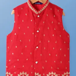 Pine Kids Woven Full Sleeves Solid Kurta Pyjama Set with Embroidered Jacket - Red image 3