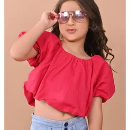 Lilpicks Couture Puffed Half Sleeves Solid Balloon Crop Top - Pink image 5