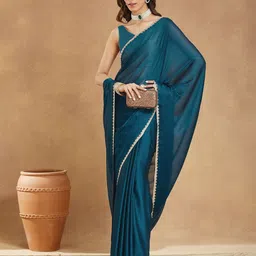 LOROFY Embellished Beads and Stones Border Chanderi Saree image 4