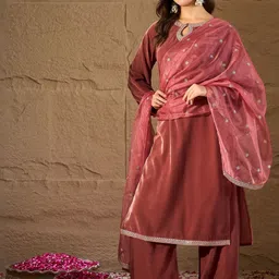 House of Pataudi Embroidered Round Neck Kurta & Trousers With Dupatta image 4