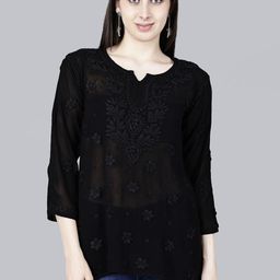 NAZAQAT ETHNIC INDIA Ethnic Motifs Chikankari Embroidered Notch Neck Georgette Kurti-picture-41