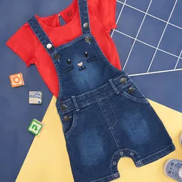 YU by Pantaloons Cat Face Design  Dungaree With Half Sleeves Tee Set - Medium Blue-picture-29