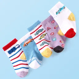 Cute Walk by Babyhug Anti-bacterial Ankle Length Striped & Vehicle Designed Socks Pack of 5 - Multicolor-picture-28