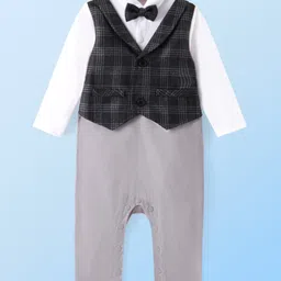Mark & Mia Full Sleeves Party Romper With Checked Waist Coat & Bow Detailing - White Black & Grey-picture-35