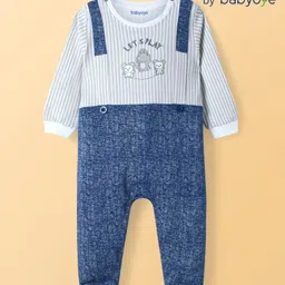 Babyoye 100% Cotton Knit Full Sleeves Footed Sleepsuit with Bear Embroidery - Navy Blue-picture-29