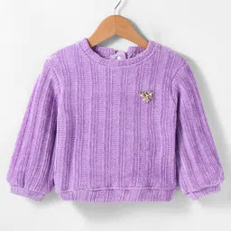 Little Kangaroos Fleece Knitted Full Sleeves Sweater with Sequin Detailing - Purple-picture-10