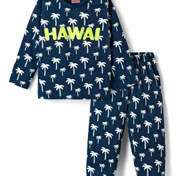 Babyhug Cotton Knit Full Sleeves Co-Ord Night Suit with Hawai Print - Navy Blue-picture-25